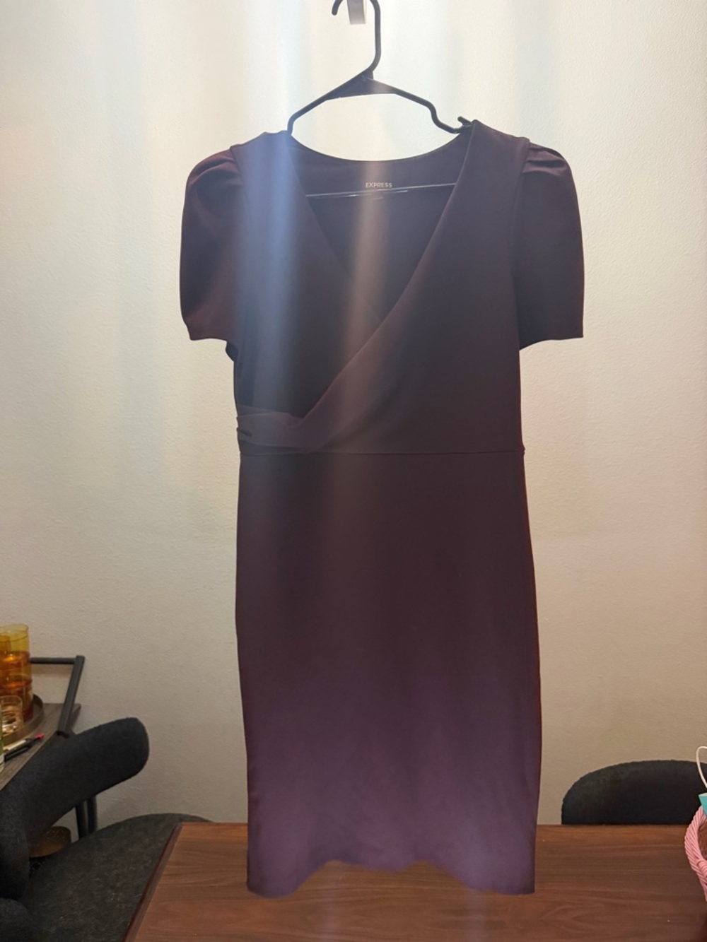 Express Deep Plum Short Sleeve Wrap-Front Midi Dress